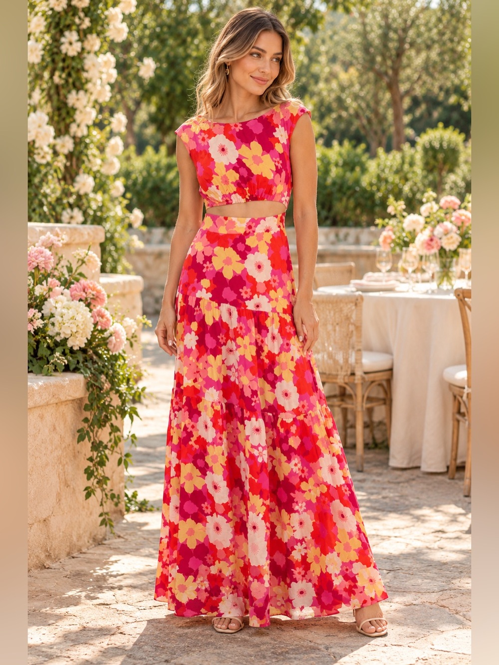 MIKA & GALA NWT Pink Floral Cutout Tiered Maxi Dress S